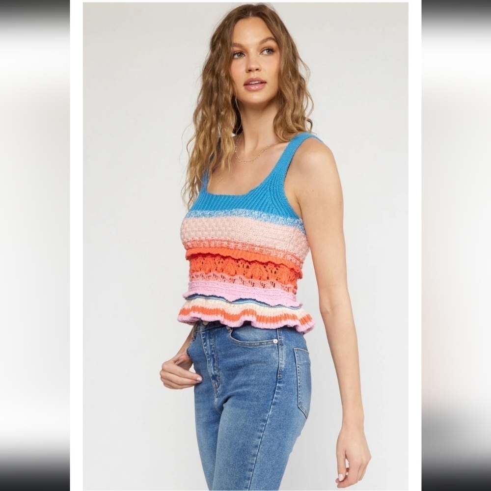 Entro Stripe Ombre Pink Blue Crochet Ruffke Boh Tank Womens Size Medium